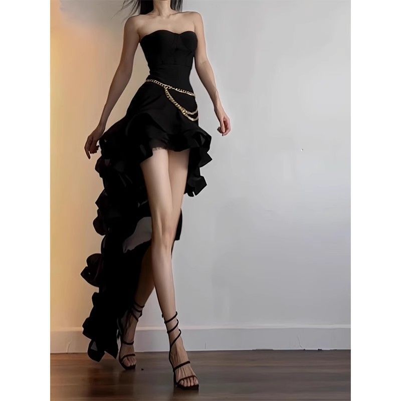 欧美风立体荷叶边抹胸连衣裙2025年夏季新款不规则燕尾下摆小礼服