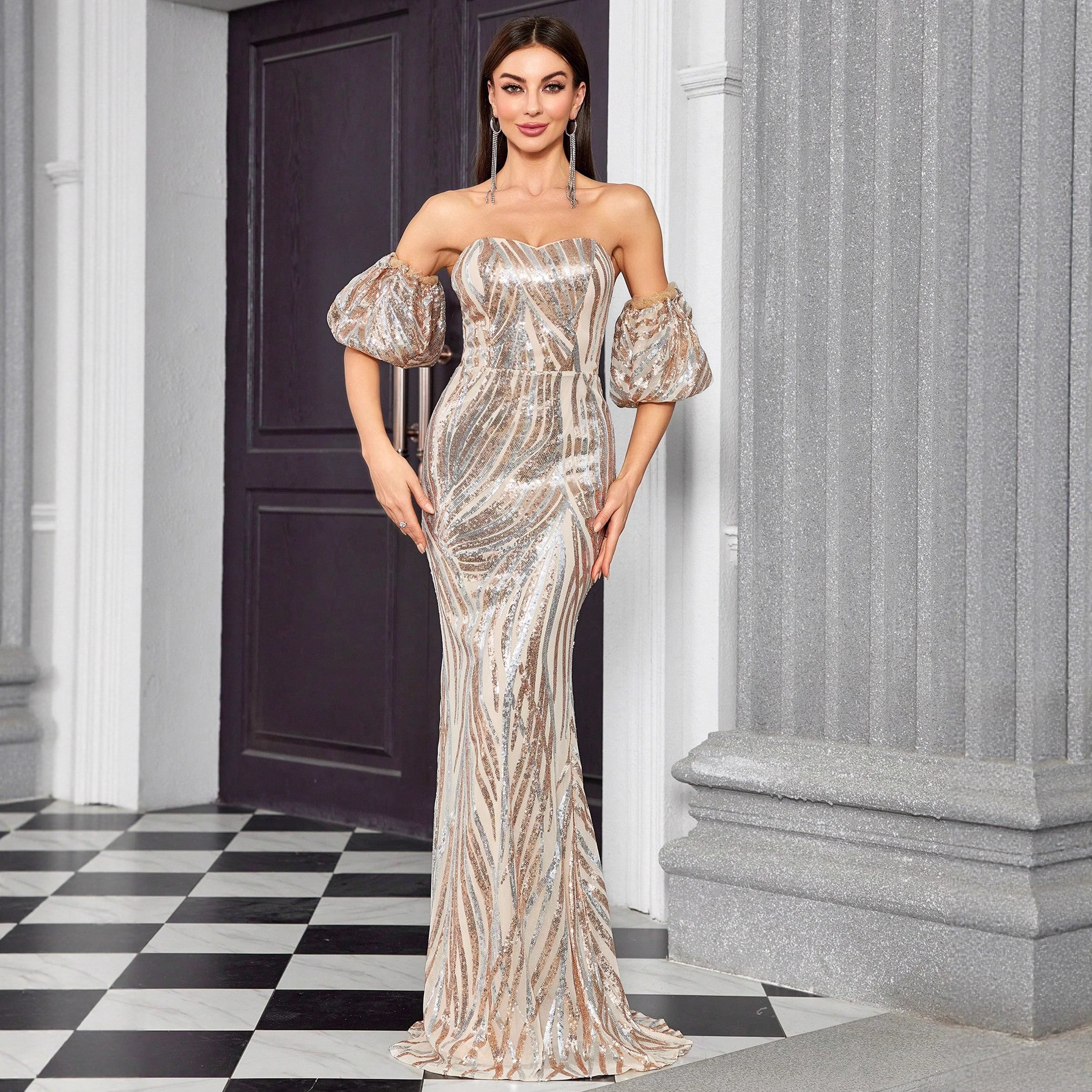 Customized Aliexpress High-End Prom Evening Dress, High-End Temperament Fishtail Dress, Slim Sequined Long Dress Wholesale