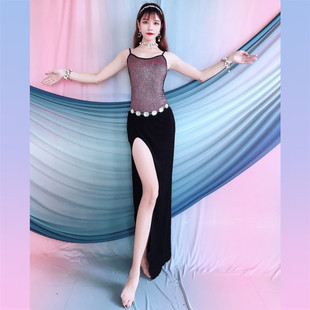 Baiya Qianhui Belly Dance Practice Clothes 2025 New Purple Large Backless Suspender Black Long Skirt Oriental Dance Group Clothing