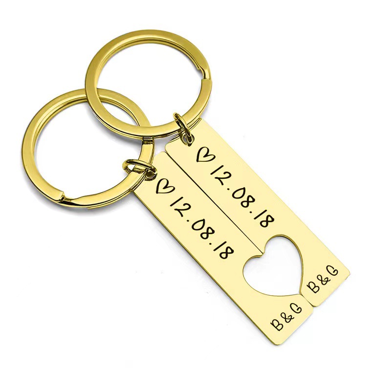 Couple Gender Hot Selling Stainless Steel Strip Heart-Matching Personality Simple Couple Keychain Engraved Date Factory In Stock Wholesale