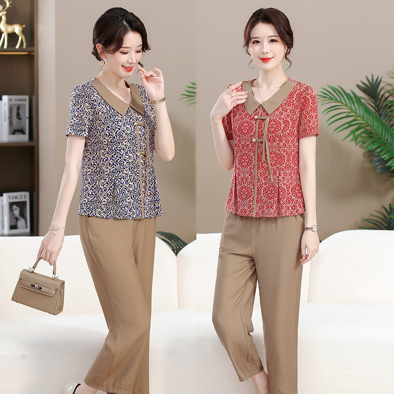 Middle-aged mother's summer suit western-style chiffon small shirt for middle-aged and elderly women's summer short-sleeved fashion two-piece suit for women