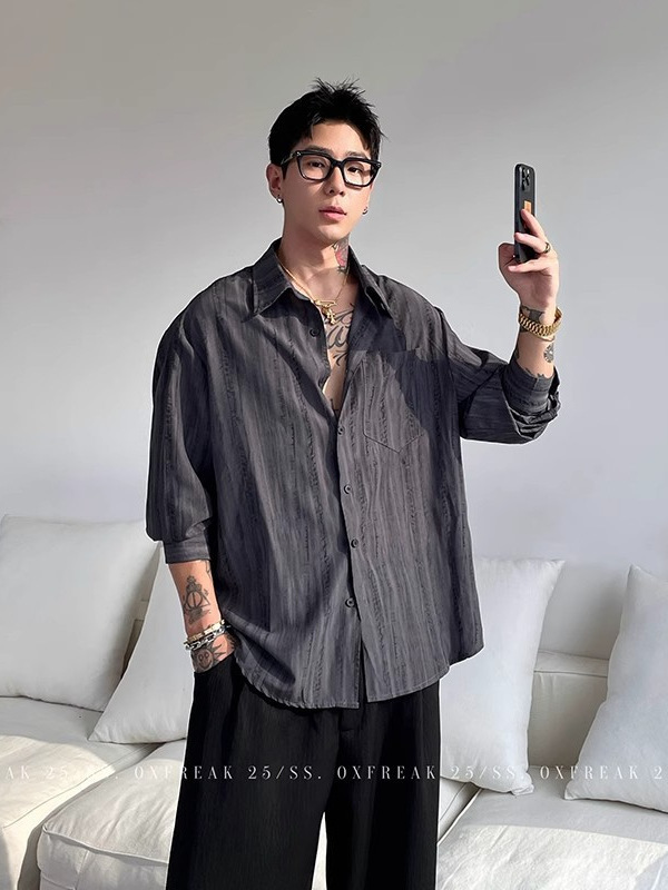 Old Money Style Coffee Tie-Dye Striped Shirt for Men, Autumn Textured Long-Sleeve Shirt, Youthful Trendy Versatile Jacket