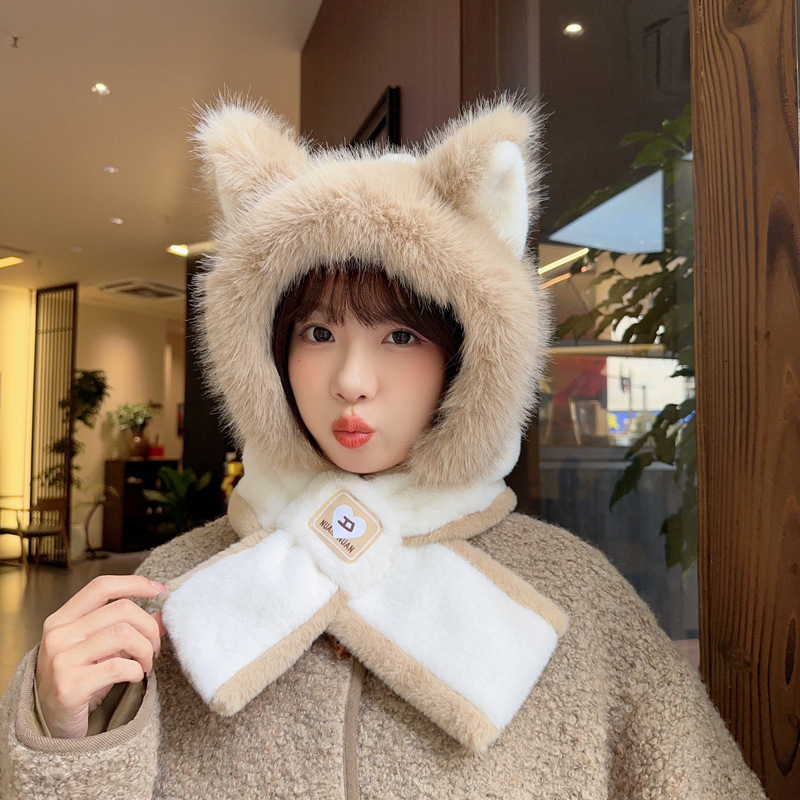 新品狐狸耳朵帽围巾一体帽女款冬季加厚保暖护耳帽时尚百搭帽子|undefined