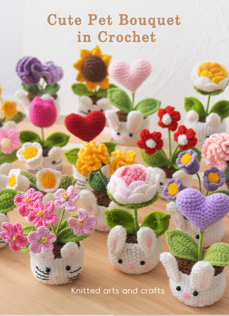Wholesale of cross-border new handmade small potted flower crocheted artificial flower decorative ornaments, finished knitted potted plants pic 1