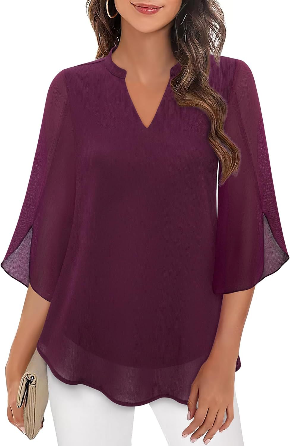Damen Chiffonbluse Mit V-ausschnitt Und Blütenärmeln_voghion.com