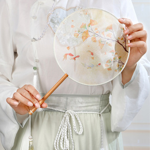Round fan ancient style fan children's summer semi-transparent long handle tassel dance fan women's ancient costume Hanfu cheongsam silk small round fan