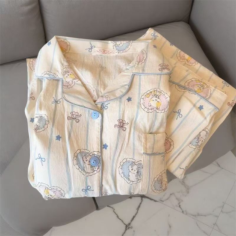 Striped Kitten Pajamas for Women Spring and Autum New Long-Sleeved Pants Ins Style Suit Students High-Looking Home Clothes