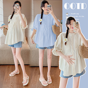 Maternity Shirt Tops Summer Thin 2024 New Loose Fashionable Elegant Chiffon Clothes Shorts Summer Outer Wear