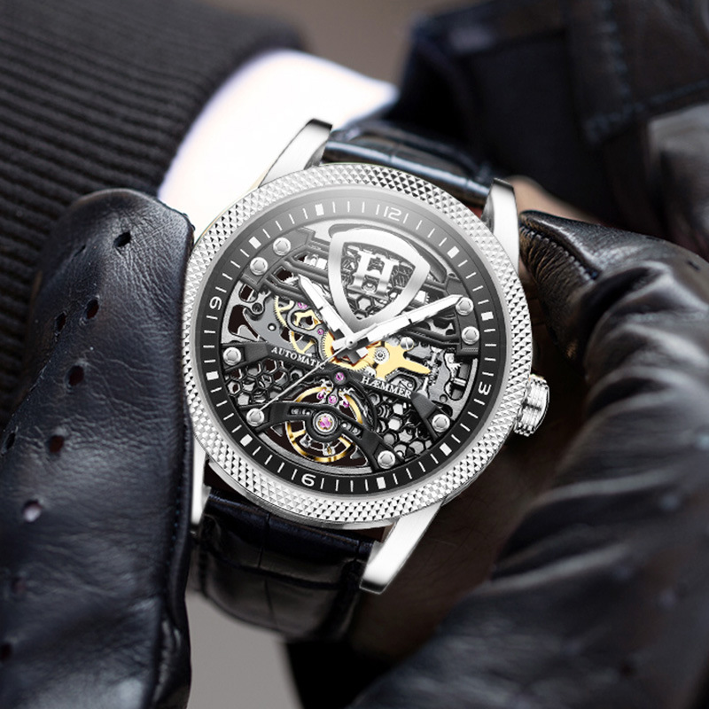 Đồng hồ nam Automatic Skeleton lộ máy phát quang chống nước Hymer — Thắt lưng cà phê mặt đen vỏ hồng, Vỏ đen mặt đen Thắt lưng đen, Vỏ Bạc mặt đen đai đen