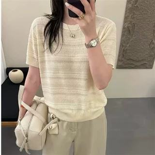 天丝莱赛尔镂空短袖针织衫女薄款2026夏季新款设计感宽松T恤上衣