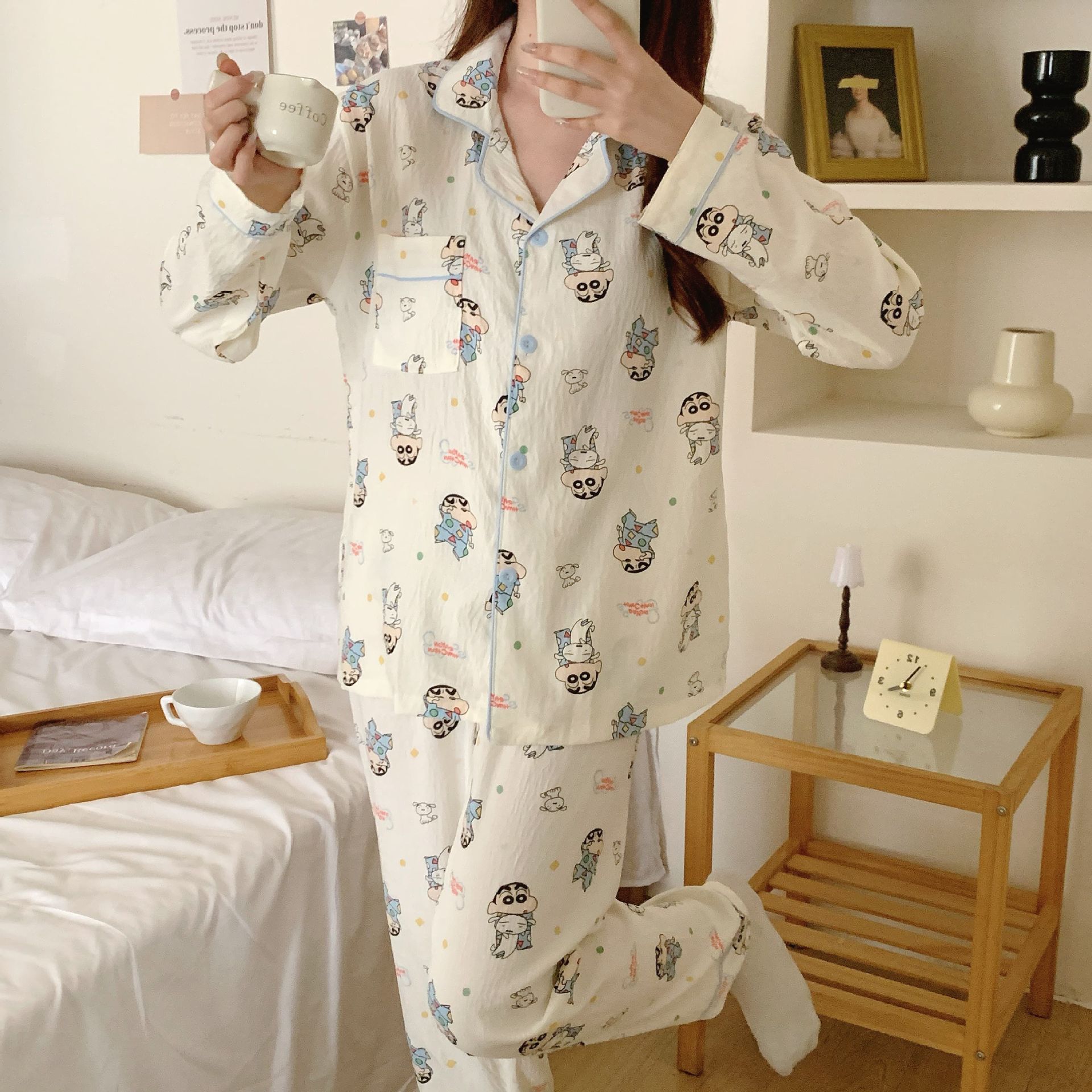 Al por mayor transfronterizo nuevo pijama de mujer pantalones de manga larga nubes de algodón lindos dibujos animados estudiantes cardigan con solapa cubierta de ropa para el hogar