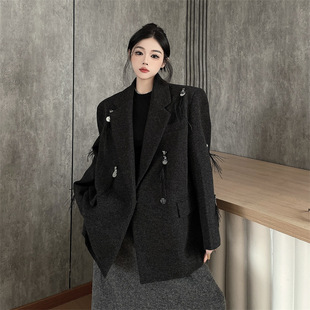 In-Stock Real Shot High-End Rhinestone Sequin Feather Decorative Shoulder Pad Woolen Blazer Casual Women's Suit