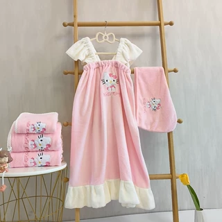 定制Hellokitty浴裙可穿抹胸吸水毛巾浴巾套装洗澡浴袍公主干发帽