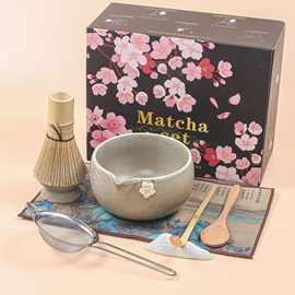 跨境日式粗陶带嘴抹茶碗抹茶套装百本立茶筅立窑变抹茶套装茶拨
