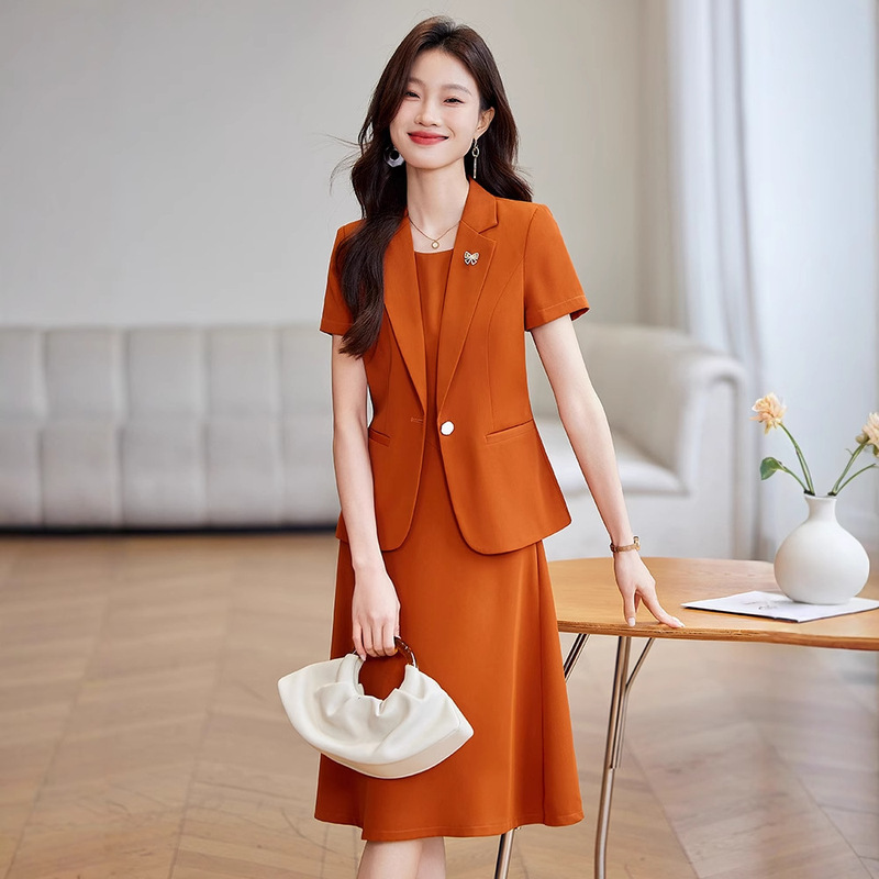 Orange Short-sleeved Suit Jacket Women's Summer New Commuter Waist Inner dress Elegant Professional Suit suit Orange Short-sleeved Suit Jacket Women's Summer New Commuter Waist Inner dress Elegant Professional Suit suit