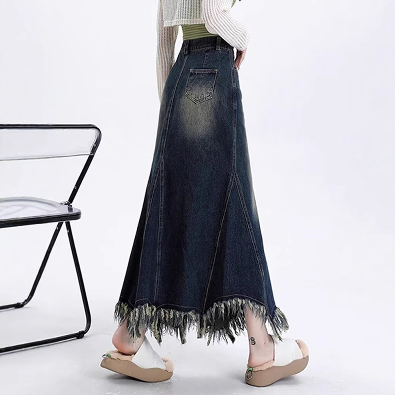 Denim Long Skirt to Ankle for Women with Pear-Shaped Body, Plus Size Fat Mm, Loose Elegant, Tassel Floor-Length A-Line Skirt