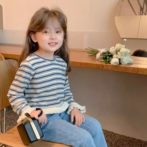 2024 Autumn New Children's Striped Long-Sleeve Baby Girl T-Shirt with Round Neck and Fringe Design, Versatile Girls' T-Shirt