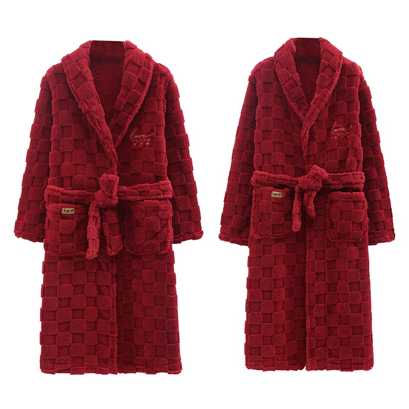 Pareja camisón de invierno de las mujeres de coral de lana engrosada forrado de lana más tamaño suelto rojo boda casual hombres Albornoz