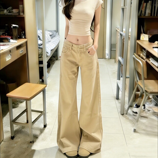 Summer Low-Waist Flared Jeans, Wide-Leg Loose-Fitting Women's Denim Bell-Bottom Pants, Slimming Khaki Pants for Women