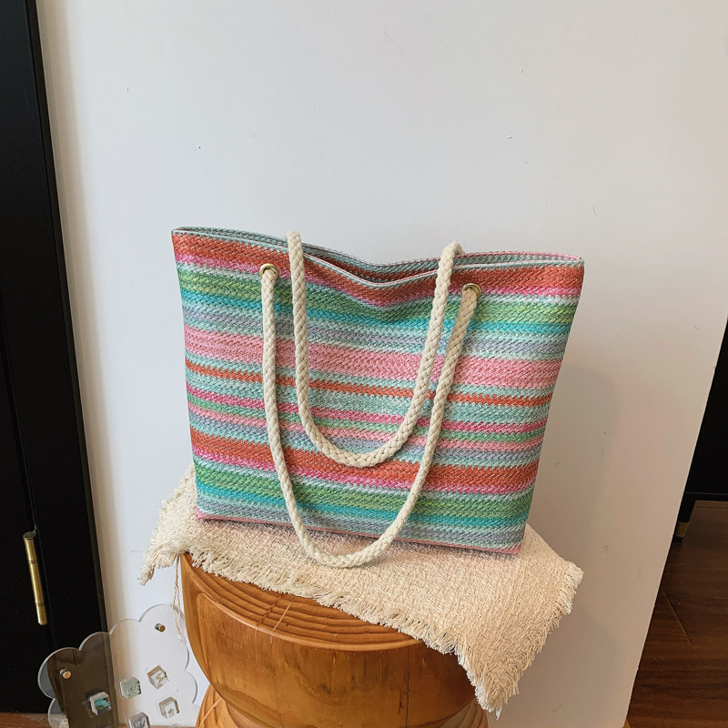 Large-Capacity Rainbow Straw Bag for Women 2026 New Summer Fashio