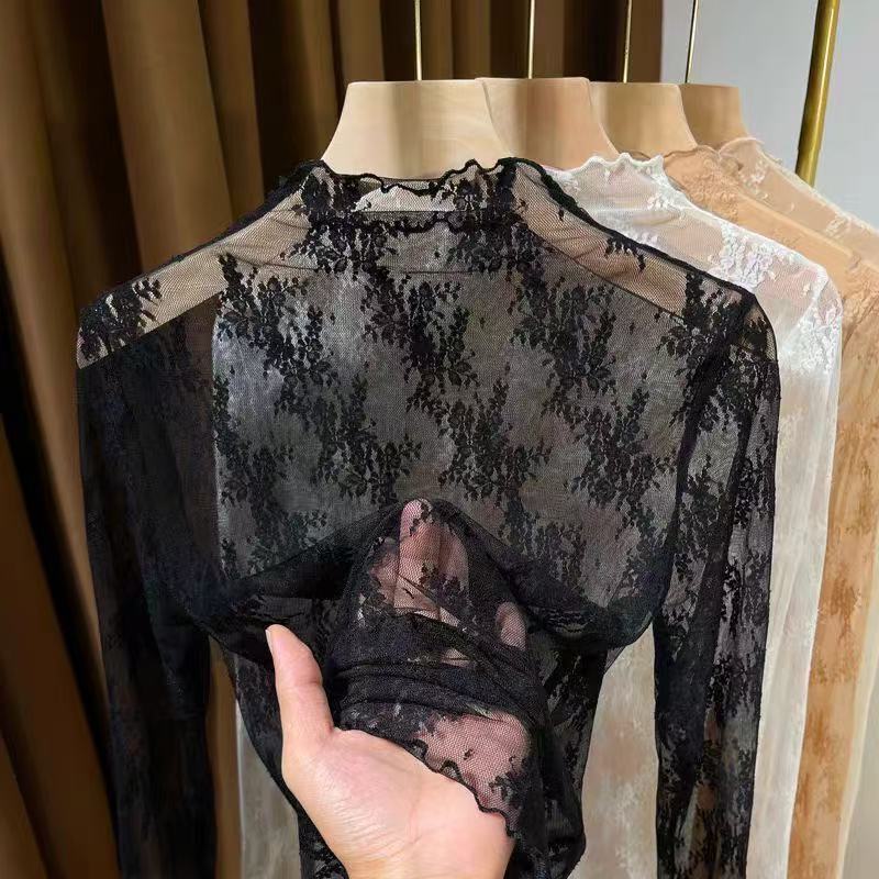 Spring and Autumn New High-End Lace Base Shirt for Women 2026 Stylish Hollow-Out Long-Sleeve Mesh Top Sexy Inner Wear Blouse