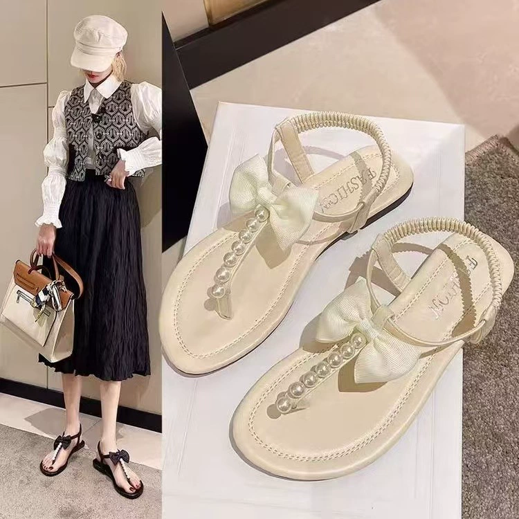 Женские пляжные сандалии с бантом в стиле феи для отдыха на море, лето 2025, плоская подошва