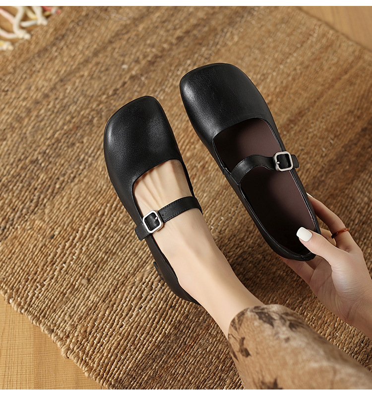 Giày Mary Jane nữ da bò mũi vuông quai ngang gót 4 cm — màu nâu chi tiết 6