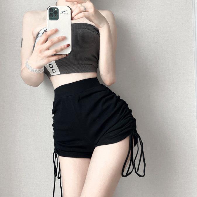 여성을위한 블랙 스포츠 반바지 여름 2025 새로운 디자인 주름 레이스 업 바지 하이 웨이스트 캐주얼 바지 트렌디 인
