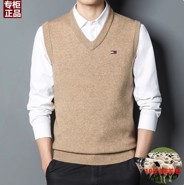 Authentic Tommy Autumn and Winter Pure Color Thickeneded V Neck Plus Fat Plus Size Woolen Sweater Men's Vest Bottoming Sweater Vest