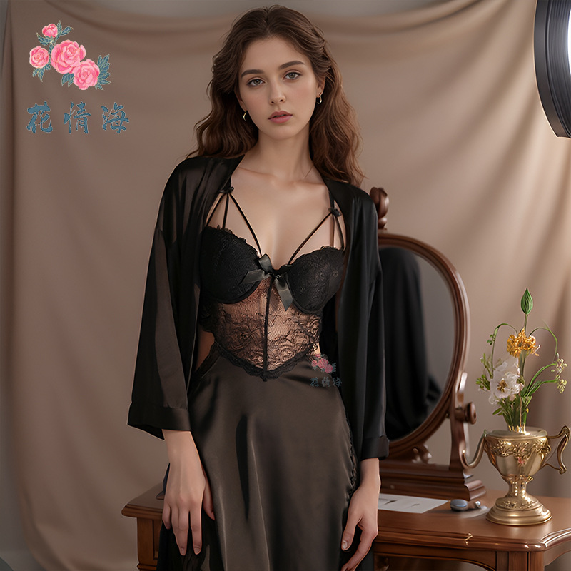 검정 슬립 드레스 + 검정 가운