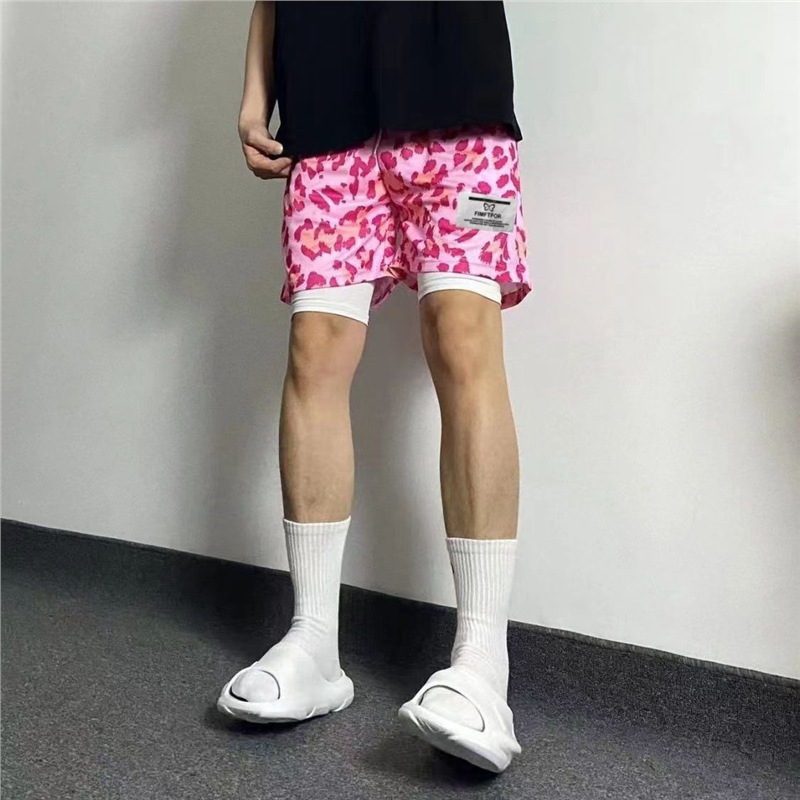 Men's American-Style Summer Trendy Leopard Print Faux Two-Piece Sports Shorts Casual Quarter-Length Running Training Fitness Basketball Shorts
