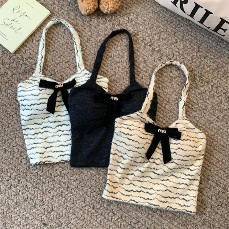 French Style Pure Imitation Mink Hair Halter Camisole Women's Hot Girl Sexy Bow Top High Elegant