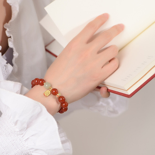 Natural red agate bracelet for women, Hetian jade bracelet, birth year, red bean, ancient style transfer beads, acacia bean jewelry