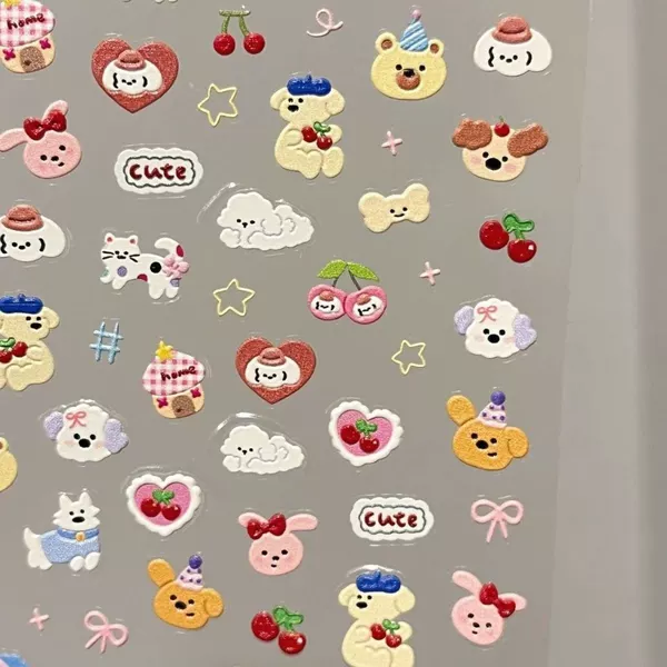 Ins Style Dopamine Animal Nail Art Stickers Bow Cherry Cartoon Kidsren Waterproof Decorative DIY Nail Stickers