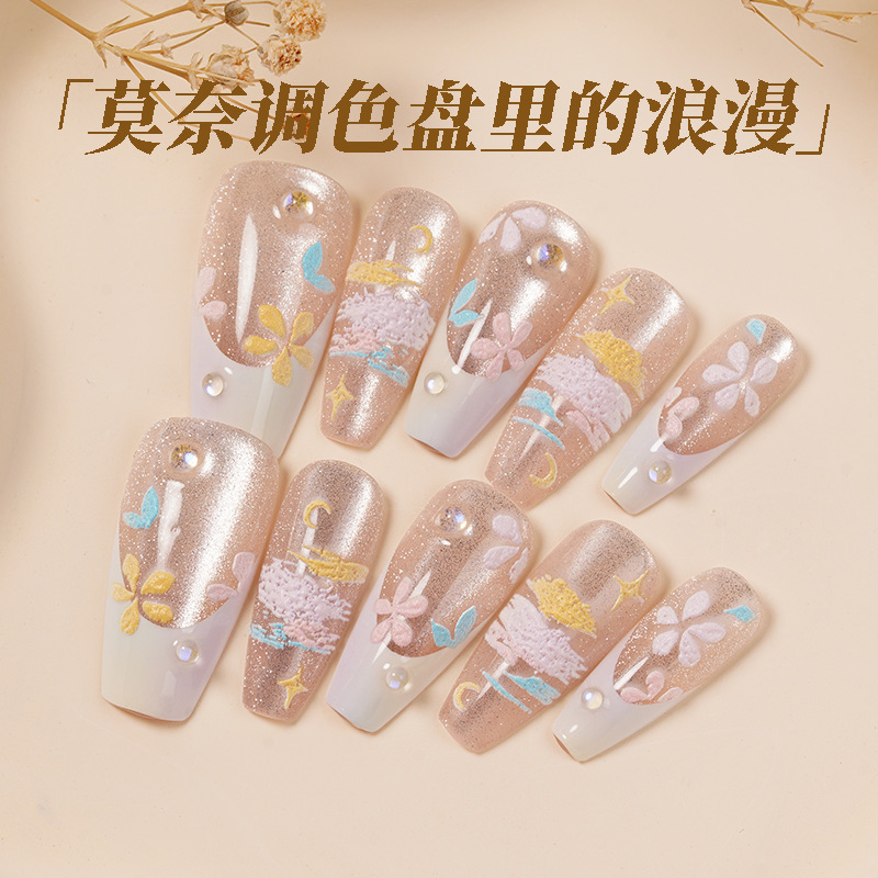 Monet's Garden Oil Painting Style Beautiful Handmade Wearable Nails Ice Transparent Fairy Gentle Popular Nail Art Guangzhou Factory
