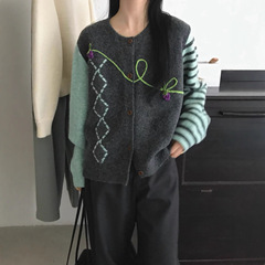 韩版复古刺绣花朵毛衣外套女2025秋冬设计感百搭宽松针织开衫上衣