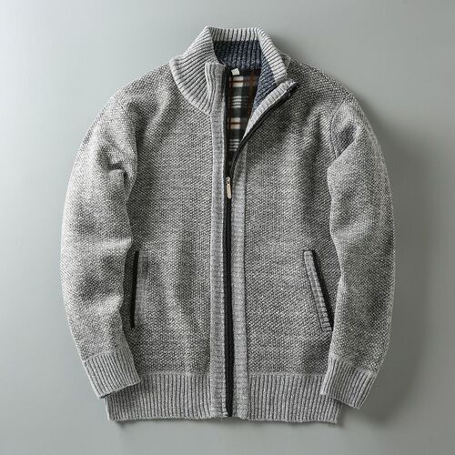 Fall/Winter Men's Stand-Neck Knitted Cardigan with Fleece Lining, Extra-Thick & Warm, Casual, Versatile Sweater Jacket Coat