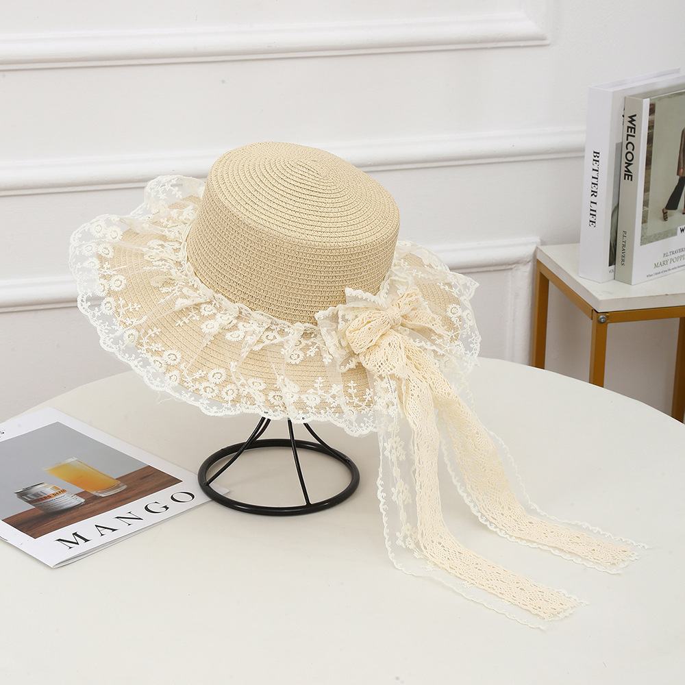 Sombrero de paja con lazo – estilo veraniego, ala ancha, para playa o vacaciones al aire libre