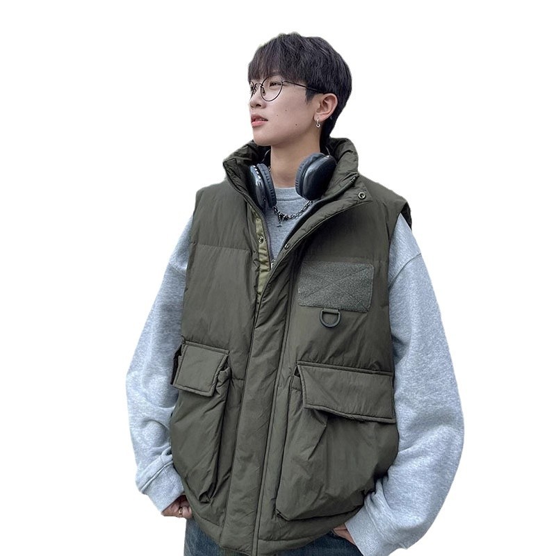 Workwear vest cotton-padded jacket boys 2023 winter new sleeveless waistcoat American retro loose stand collar coat