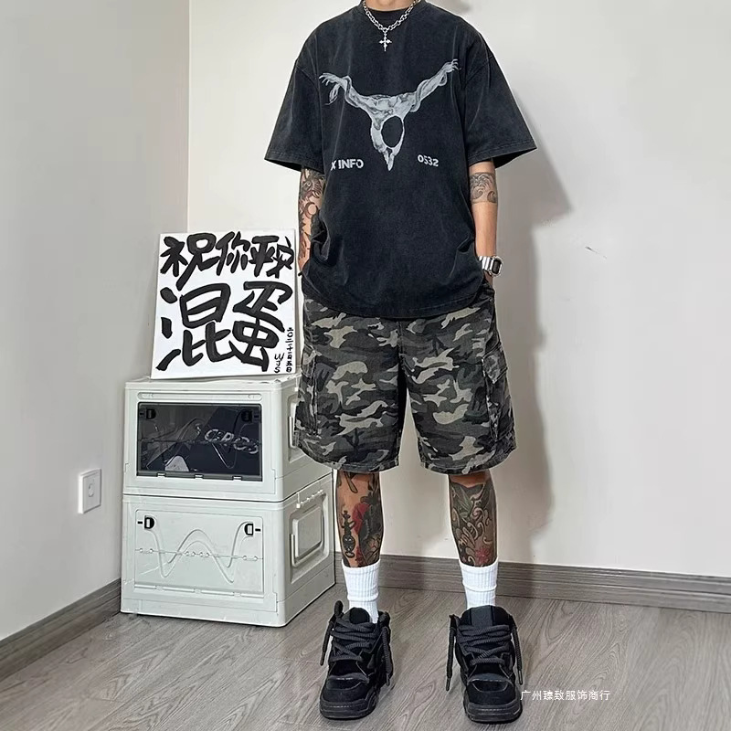American-Style Multi-Pocket Camouflage Durable Trendy Work Shorts for Men, Casual Outdoor Fashion Straight-Leg Five-Point Pants