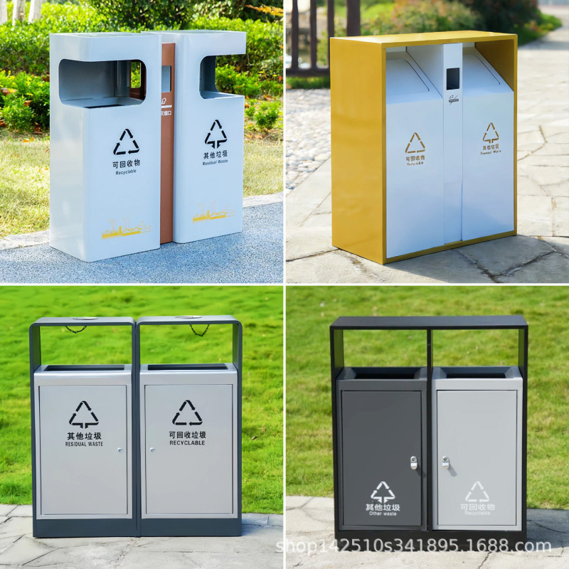 Outdoor Stainless Steel Trash Cans, Large Sanitation Waste Bins for Residential Areas, Tourist Attractions, and Parks, with a Classification System for Outdoor Waste