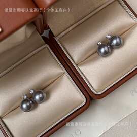 天然海水大溪地灰珠 9-10mm正圆基本无瑕小钢炮18k金戴妃耳钉王妃