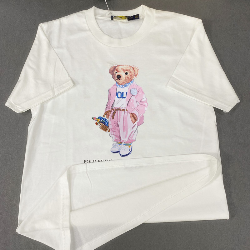 New Japanese and Korean T-shirt polo bear T-shirt + printed pattern 100% cotton T-shirt men's and women's couples shirt pink suit bear