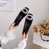 Square buckle rhinestone single shoes for women with flat soles, square toe, shallow mouth, high heels, thick heels, medium heels, black work shoes, size 41-43