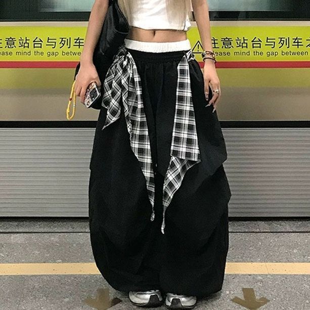 美式嘻哈街舞叠穿可拆卸阔腿裤2025新款宽松垂感休闲拖地长裤格子|undefined