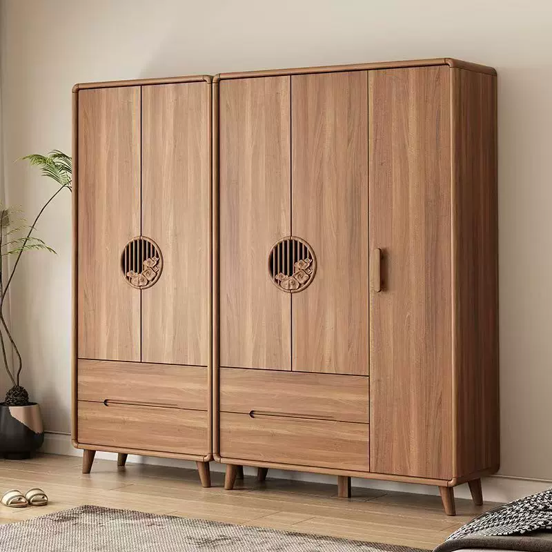 新中式胡桃色实木框衣柜卧室储物柜儿童衣物收纳柜简约衣橱大容量