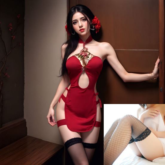 빨간 치파오 + 검정 망사 스타킹