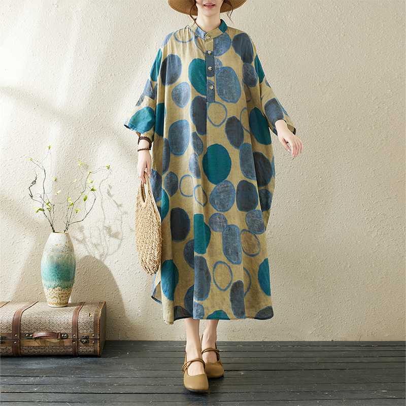 2024 Summer New Temperament Artistic Retro Cotton and Linen Printed Stand Collar Loose Super Long plus size Holiday dress