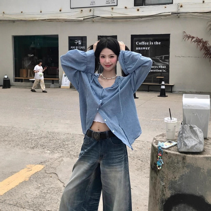 2025 Hot Spring & Fall New Japanese Style Blue Shirt Women's Loose Lazy Style Cardigan Shirt Outer Top