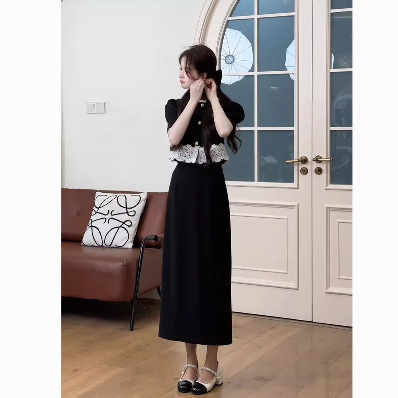 女性のためのソルトスタイルのライト大人スタイルスーツ夏の新しいファッション気質半袖トップハイウエスト多用途スカートツーピースセット|undefined